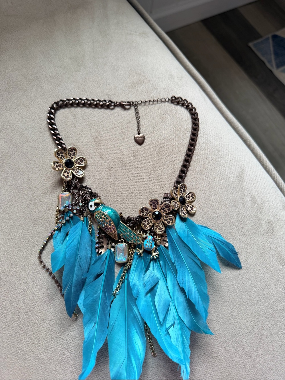 Betsey Johnson Turquoise Feather Parrot Fringe Necklace